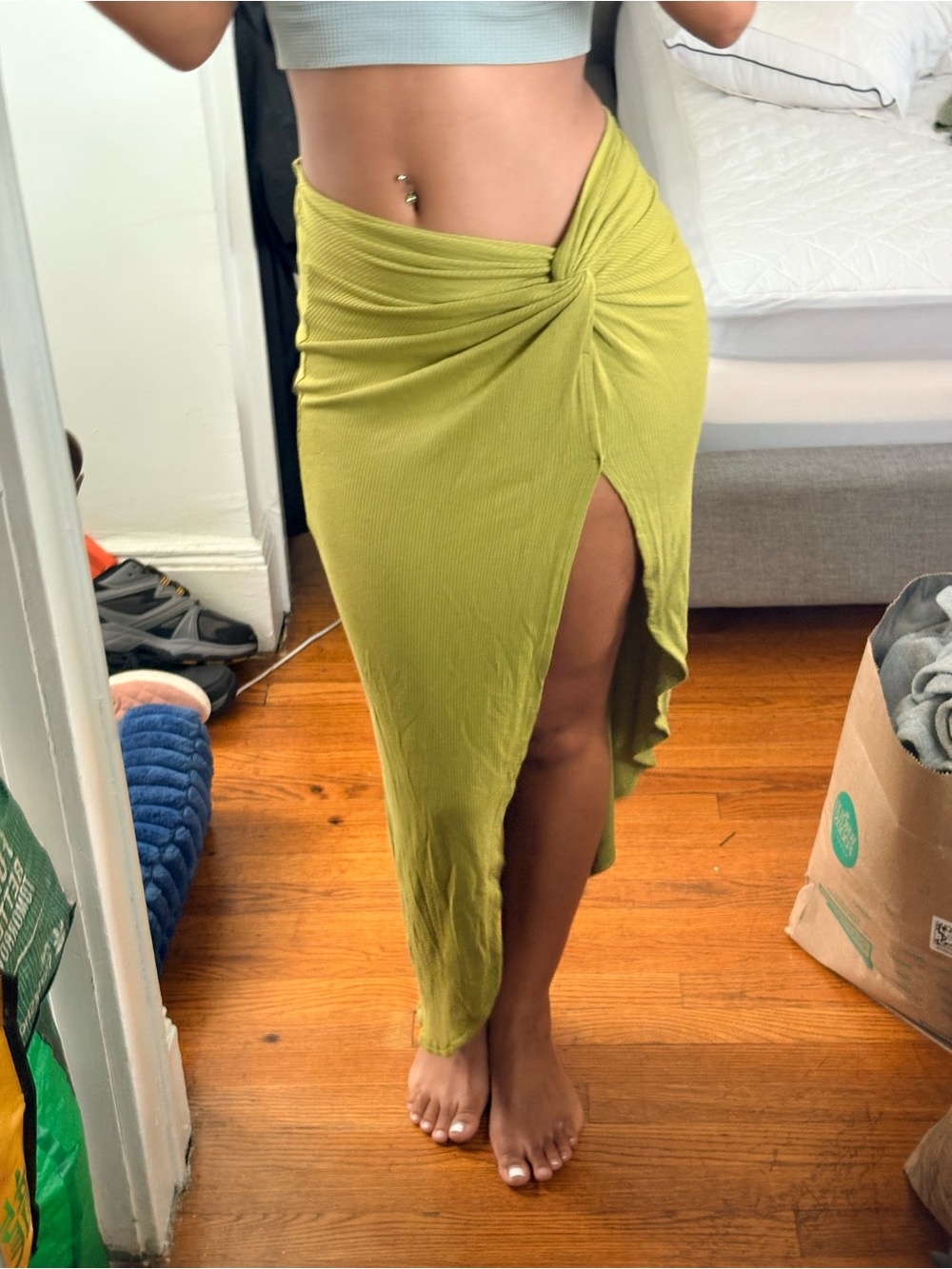 Olive Green Twist Front High-Slit Maxi Skirt